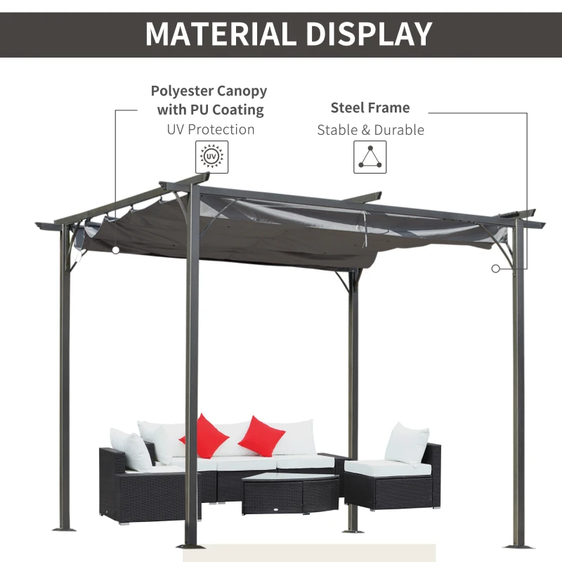 Best 3 x 3(m) Metal Pergola with Retractable Roof, Garden Gazebo Metal Pergola Canopy. Outdoor Sun Shade Shelter for Party BBQ, Grey - Image 4