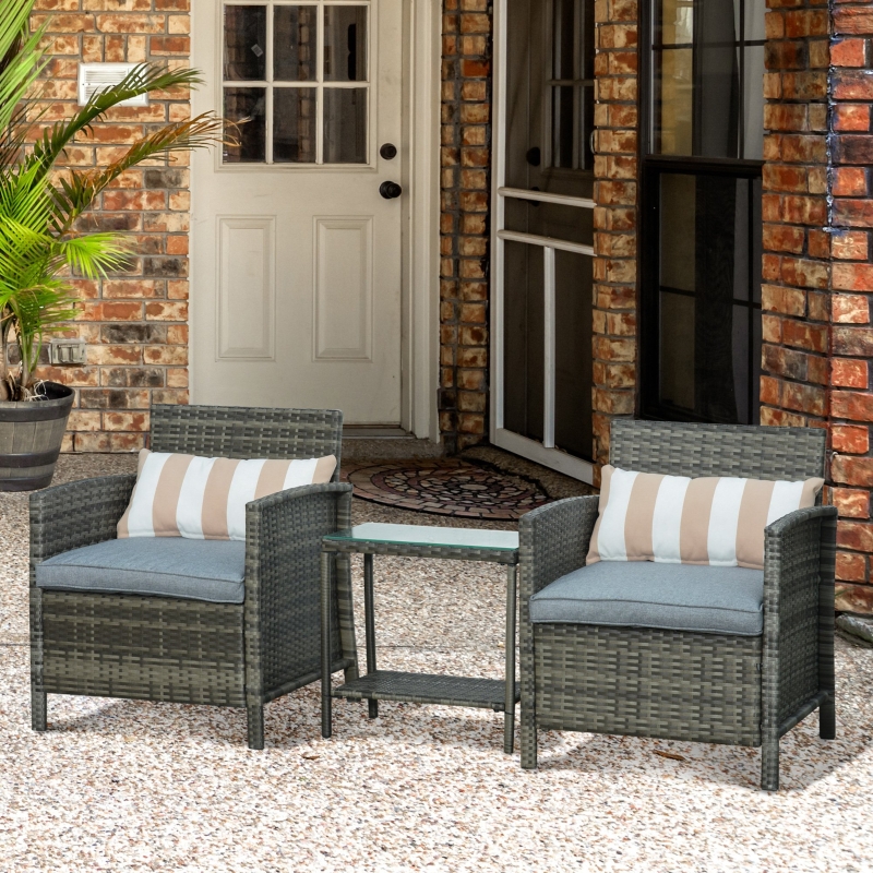 Best 3 Pieces Rattan Bistro Set, Wicker Garden Furniture Set, Glass Top 2-tier Coffee Table and Chairs Set with Pillows and Washable Cushions for Outdoor, Patio, Balcony, Grey - Image 10