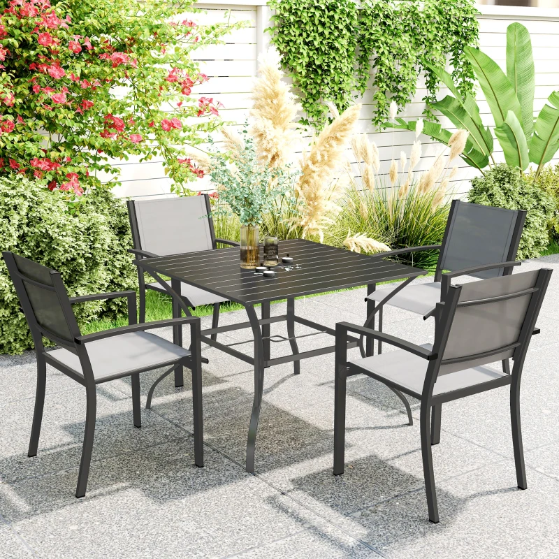 Best 94 x 94 cm Garden Table with Parasol Hole, Outdoor Dining Garden Table for Four with Slatted Metal Plate Top, Dark Grey - Image 2