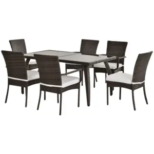 Best 6 Seater Rattan Dining Set with Cushions, Rattan Garden Furniture Set, Outdoor Dining Table and Chairs with 6 Stackable Armchairs, Rectangular Glass Top Table for Patio, Balcony, Brown