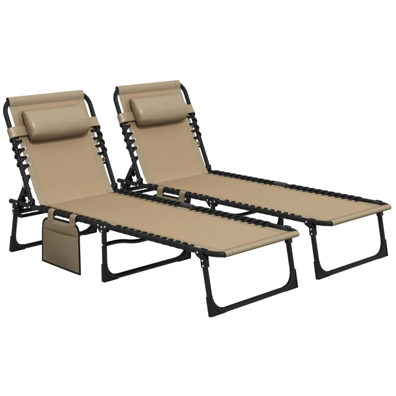 Best Portable Sun Lounger Set of 2, Folding Camping Bed Cot, Reclining Lounge Chair 5-position Adjustable Backrest with Side Pocket, Pillow for Patio Garden Beach Pool, Beige