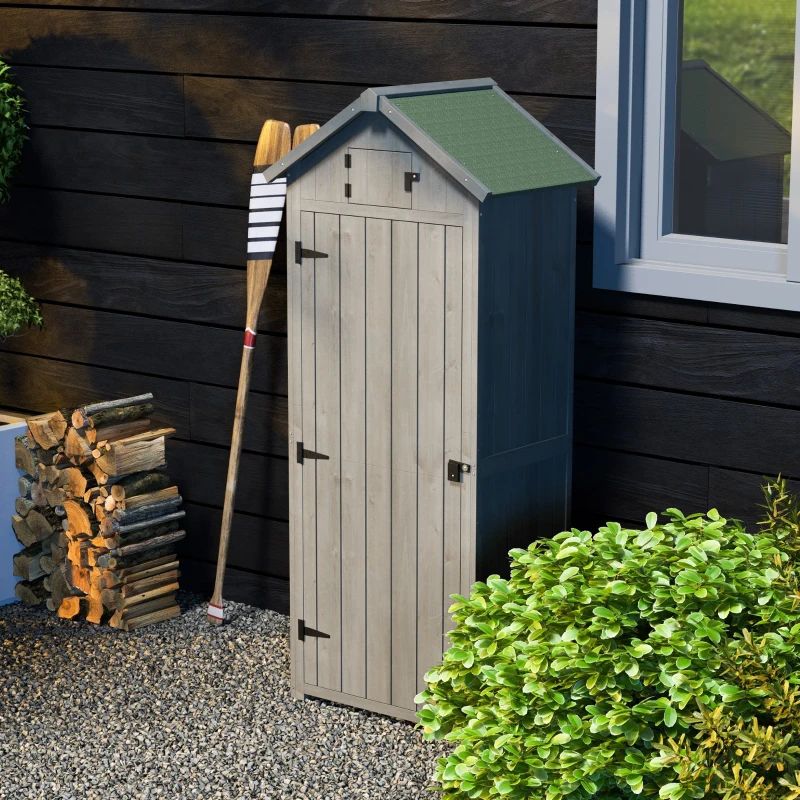 Best Wooden Garden Shed, Utility Outdoor Small Shed with Lockable Double Doors, Shelves and Roof Hatch, Grey - Image 2