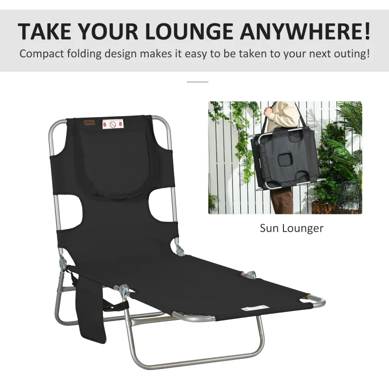 Best Foldable Sun Lounger, Beach Chaise Lounge with Reading Hole, Arm Slots, 5-Position Adjustable Backrest, Side Pocket, Pillow for Garden, Beach, Pool, Black - Image 5