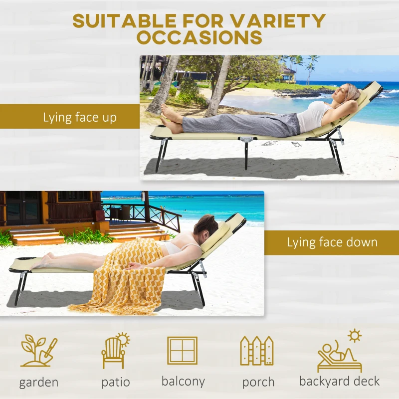 Best Outdoor Folding Sun Lounger Set of 2 with Face Hole, 4 Level Adjustable Backrest Reclining Garden Lounger, Garden Recliner Sunbed with 600 D Oxford Cloth Seat and Pillow for Beach, Beige - Image 5