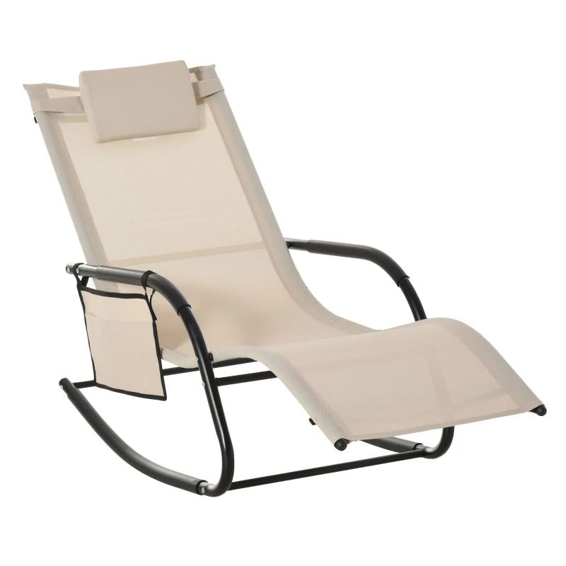 Best Outdoor Garden Rocking Chair, Patio Sun Lounger Rocker Chair with Breathable Mesh Fabric, Removable Headrest Pillow, Armrest, Side Storage Bag, Cream White