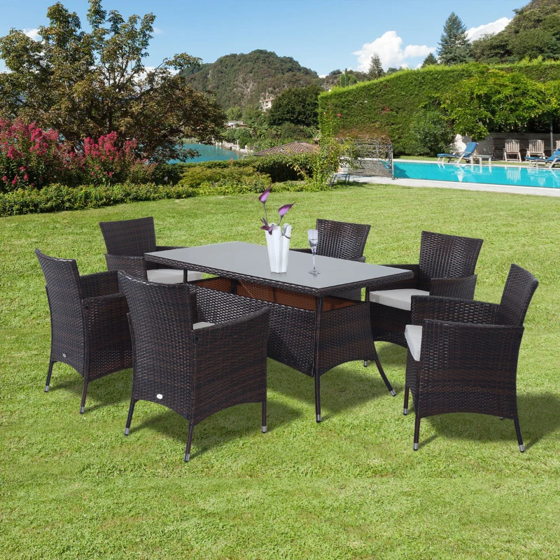 Best 6 Seater Rattan Dining Set with Cushions, Rattan Garden Furniture Set with 6 Armchairs, Rectangular Glass Top Table, Outdoor Dining Table and Chairs, Brown - Image 2