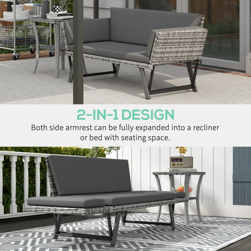 Best 2 Seater Rattan Sofa with Cushions, 2-in-1 PE Rattan Daybed Sofa with Left Up or Down Armrests, Garden Chaise Lounger Loveseat for Outdoor, Patio, Mixed Grey - Image 4