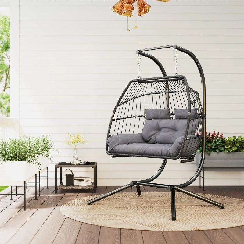 Best Rattan Double Hanging Egg Chair with Stand, Foldable Wicker Swing Egg Chair with Cushion, Head Pillows, Steel Frame, Hammock Chair for Indoor Outdoor, Capacity 260 kg, Dark Grey - Image 2