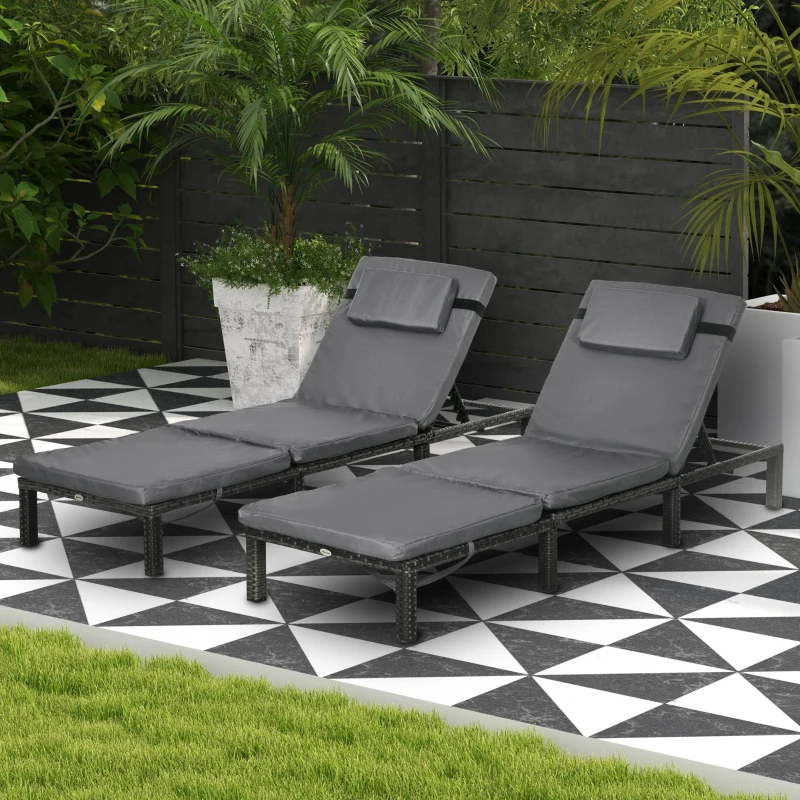 Best Set of Two Reclining Rattan Sun Loungers, with Cushions - Grey - Image 2