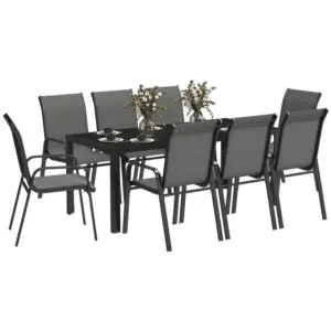 Best 8 Seater Garden Dining Set with Stacking Chairs, Rectangular Tempered Glass Top, Garden Furniture Set, Outdoor Dining Table and Chairs for Patio, Balcony, Poolside, Dark Grey