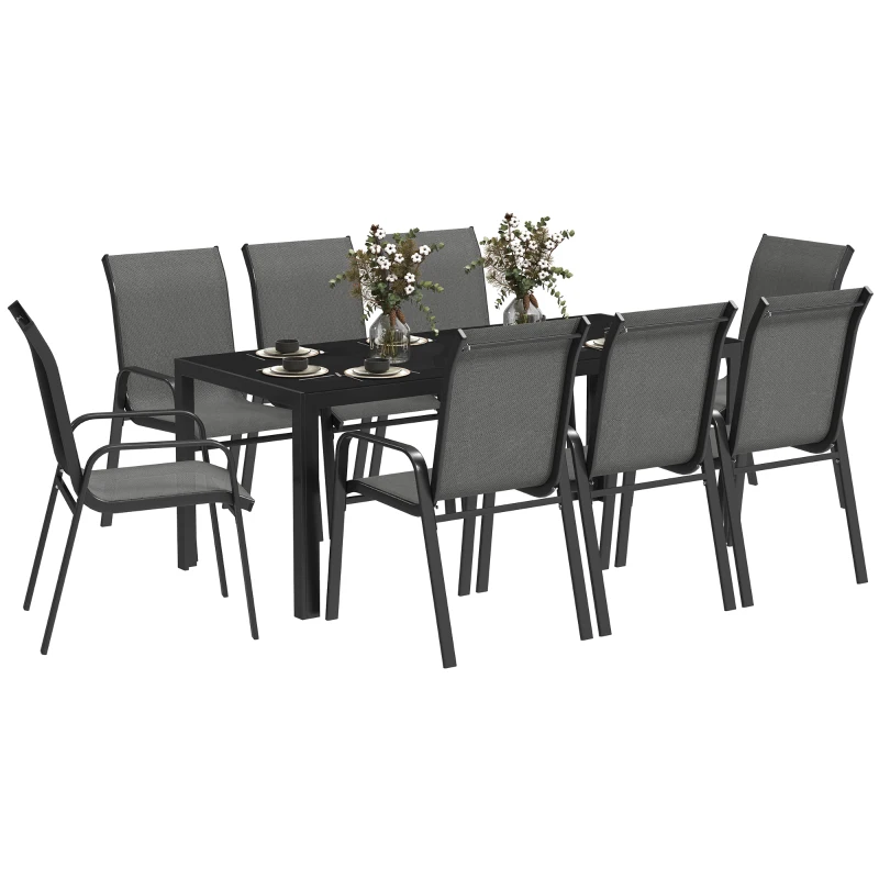 Best 8 Seater Garden Dining Set with Stacking Chairs, Rectangular Tempered Glass Top, Garden Furniture Set, Outdoor Dining Table and Chairs for Patio, Balcony, Poolside, Dark Grey