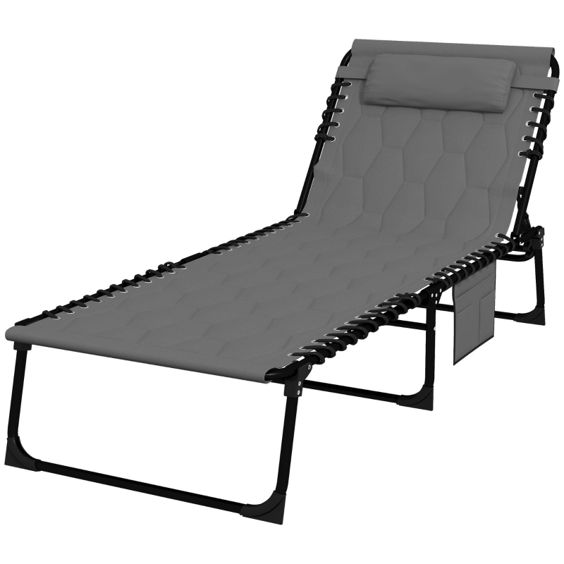 Best Foldable Sun Lounger with 5-level Reclining Back, Outdoor Tanning Chair Sun Lounger with Build-in Padded Seat, Side Pocket, Headrest for Beach, Yard, Patio, Grey - Image 11