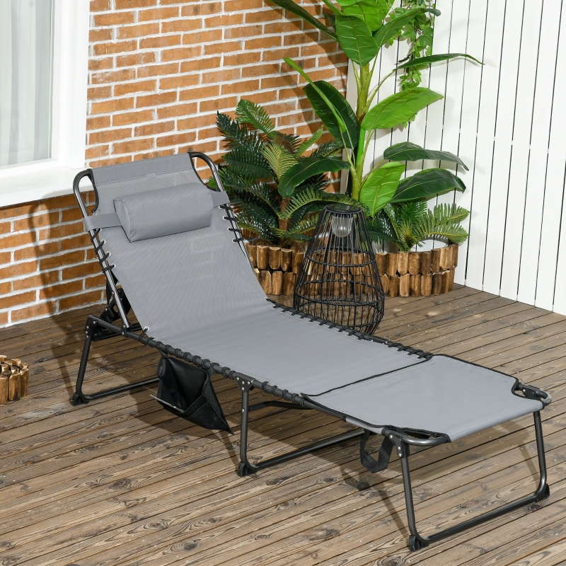 Best Folding Sun Lounge with 5-level Reclining Back, Outdoor Tanning Chair with Reading Hole, Outdoor Sun Lounge with Side Pocket, Headrest, for Beach, Yard, Patio, Grey - Image 10