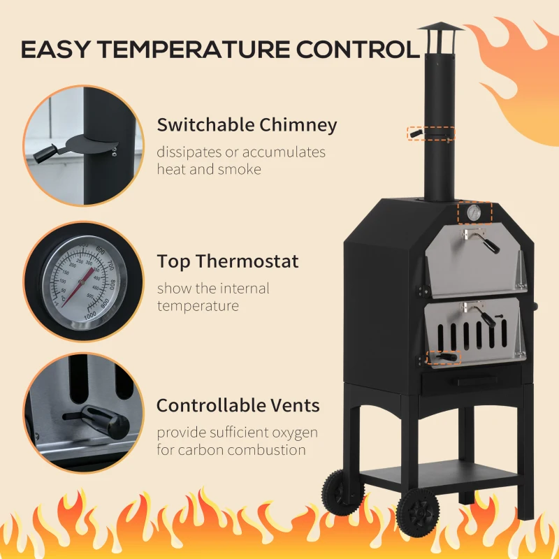 Best Outdoor Garden Pizza Oven Charcoal BBQ Grill 3-Tier Freestanding w/ Chimney, Mesh Shelf, Thermometer Handles, Wheels Garden Party Gathering Stainless Steel Cooker - Image 5