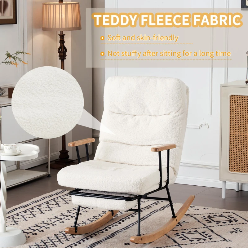 Fabric Tufted Boucle Armchair with Metal Legs, Wooden Base, High Back Rocking Chair for Living Room, Bedroom, 63.5x102x100 cm, White - Image 7