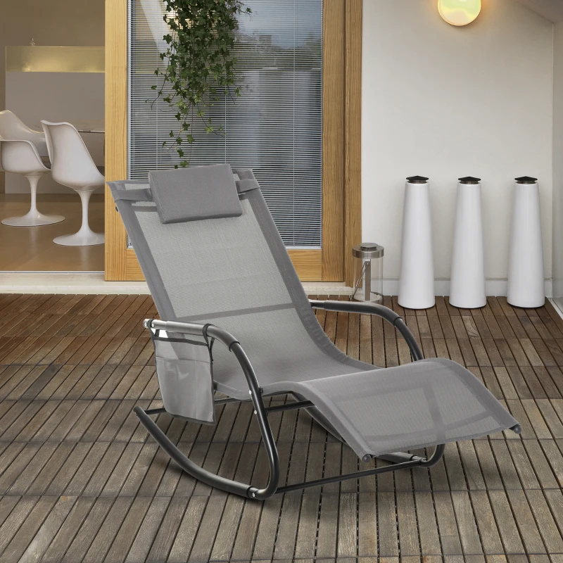 Best Outdoor Garden Rocking Chair, Patio Sun Lounger Rocker Chair with Breathable Mesh Fabric, Removable Headrest Pillow, Armrest, Side Storage Bag, Grey - Image 2