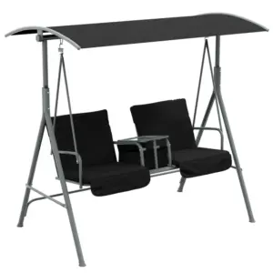 Best 2 Seater Garden Swing Chair Patio Rocking Bench w/ Tilting Canopy, Double Padded Seats, Storage Bag and Tray, Black