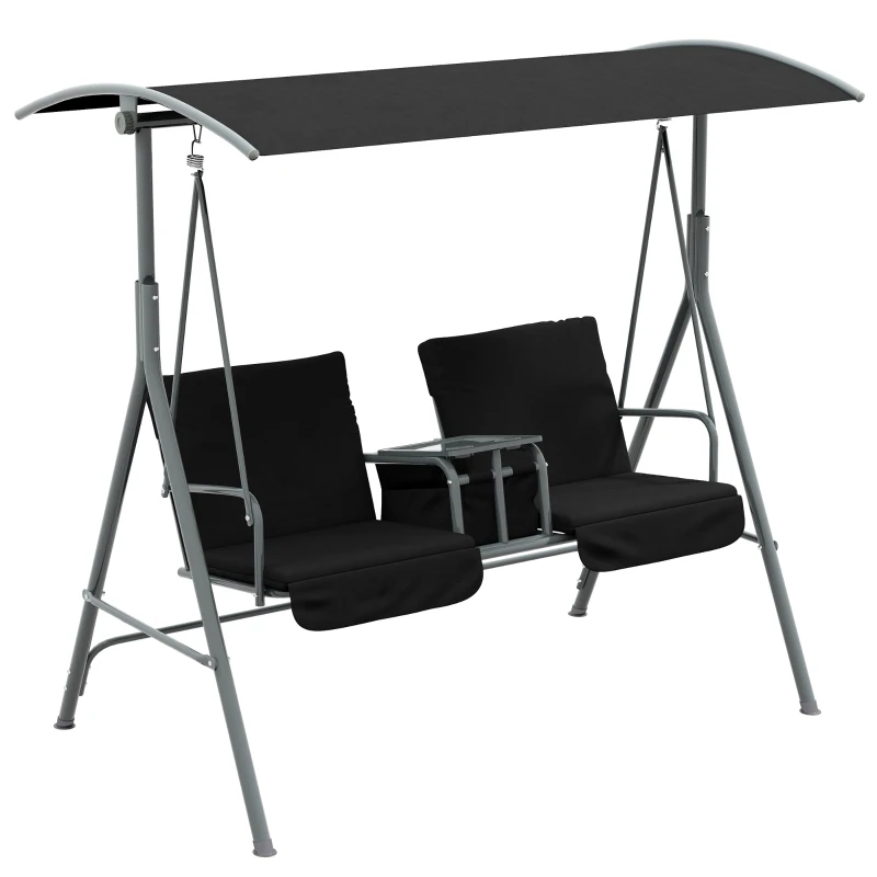 Best 2 Seater Garden Swing Chair Patio Rocking Bench w/ Tilting Canopy, Double Padded Seats, Storage Bag and Tray, Black