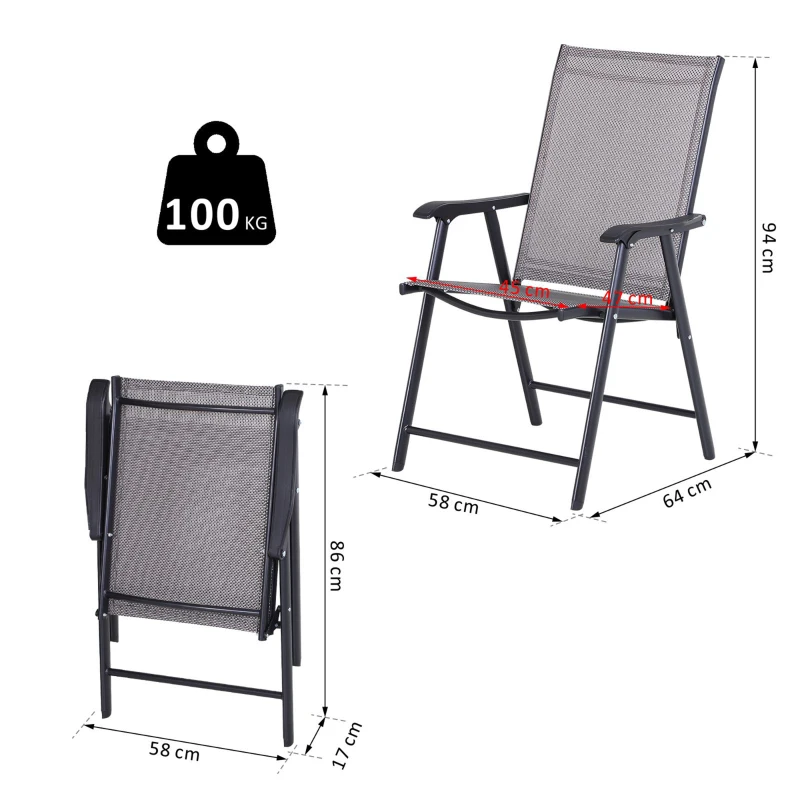 Best Set of 2 Folding Garden Chairs, Metal Frame Garden Chairs Outdoor Patio Park Dining Seat with Breathable Mesh Seat, Grey - Image 3