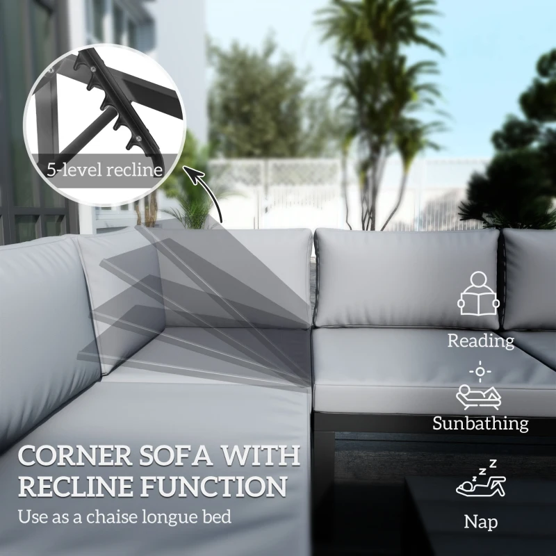 Best 4 Pieces Garden Furniture Set, 5-Level Reclining Garden Corner Sofa Set, Outdoor Lounge Conversation Sectional with Cushions, Wood Effect Plastic Table, Black Frame & Light Grey Cushion - Image 6