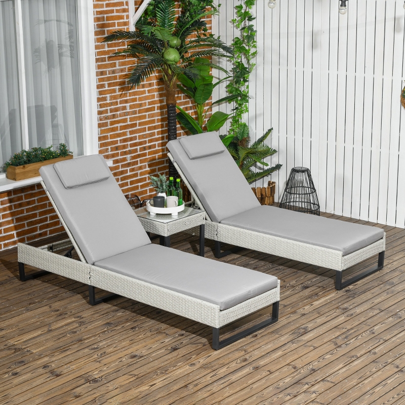 Best 3-piece PE Rattan Sun Lounger Set with Adjustable 5-Position Recliner, Patio Chaise Lounge Chair Set with Cushions, Headrests, Glass Top Square Coffee Table, Light Grey - Image 10