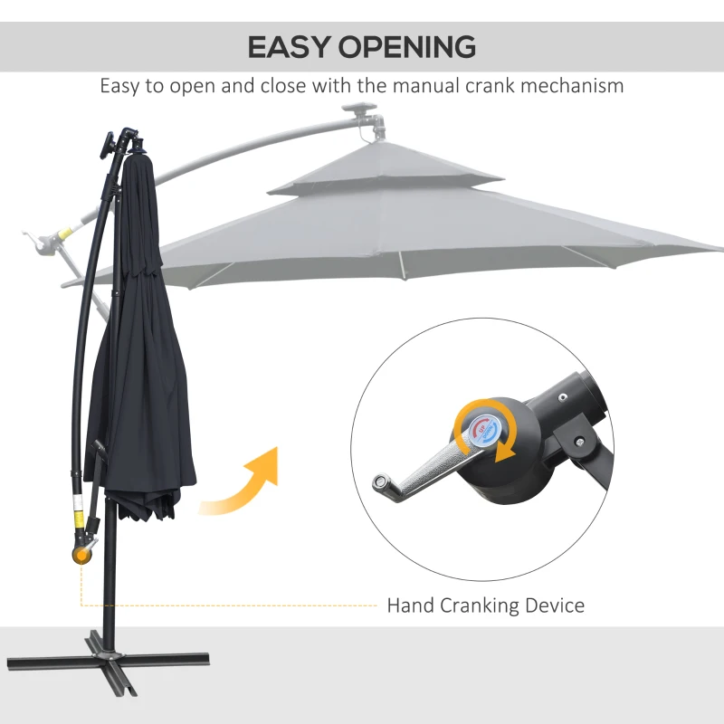 Best 3(m) Cantilever Banana Parasol Hanging Umbrella with LED Solar lights, Crank, 8 Sturdy Ribs and Cross Base for Outdoor, Garden, Patio, Black - Image 5