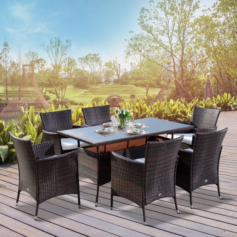 Best 6 Seater Rattan Dining Set with Cushions, Rattan Garden Furniture Set with 6 Armchairs, Rectangular Glass Top Table, Outdoor Dining Table and Chairs, Brown - Image 15