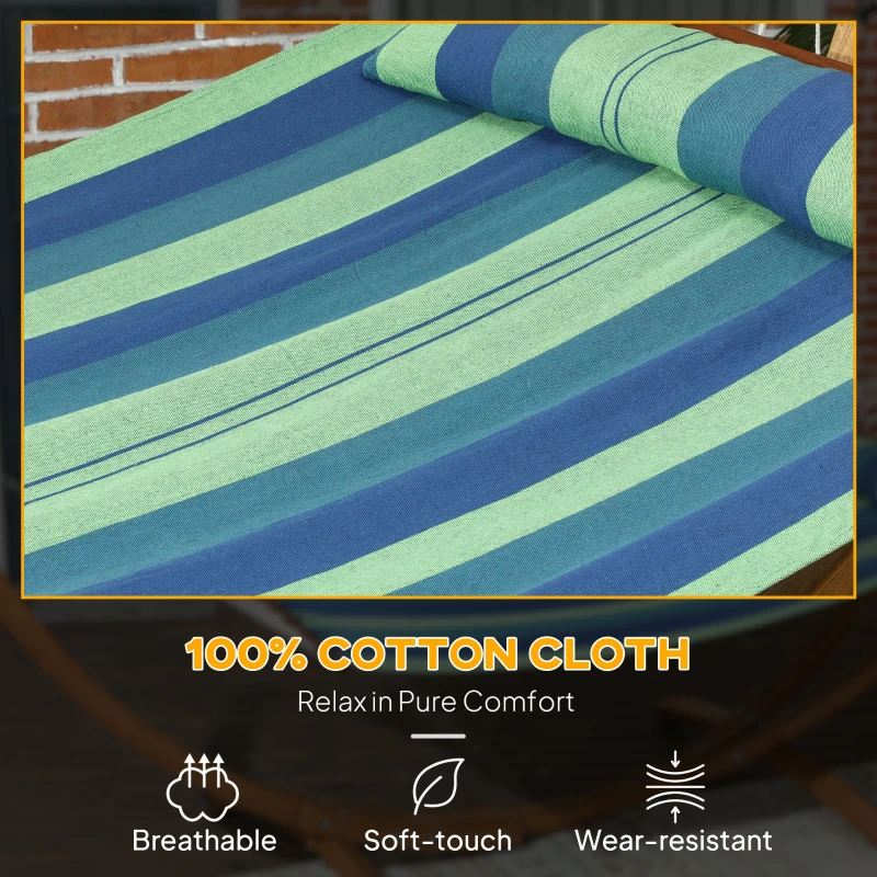 Best Outdoor Hammock with Stand, Garden Hammock with Triple-Head Eucalyptus Wood Arc Frame, 1 Person Cotton Bed and Head Pillow, Freestanding Garden Swing Bed for Patio, Blue Stripe - Image 5