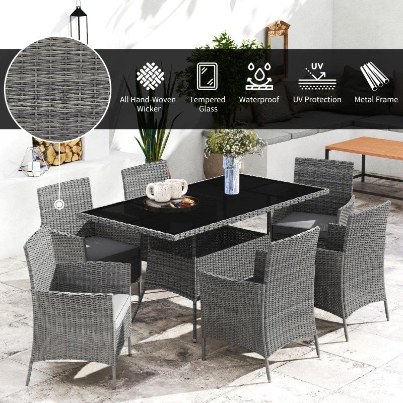 Best 7-Piece Rattan Garden Furniture Set with Cushions, 6 Seater Garden Table and Chairs, Rattan Dining Set with 6 Armchairs, Rectangular Glass Top Table, Charcoal Grey - Image 4