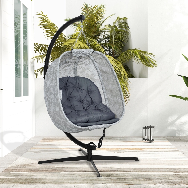 Best Hanging Egg Chair Outdoor Indoor Garden Swing Chair with Folding Basket, Garden Hanging Chair with Stand, Thickened Cushion, Cup Holder for Patio, Balcony, Grey - Image 9
