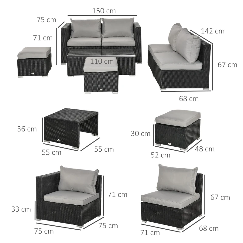Best 8 Pieces PE Rattan Sofa Set with Cushions, Garden Corner Sofa with 4 Seater Sofa, 2 Footstools and 2 Coffee Table Set, Space-saving Design, No Assembly Required, Black - Image 3