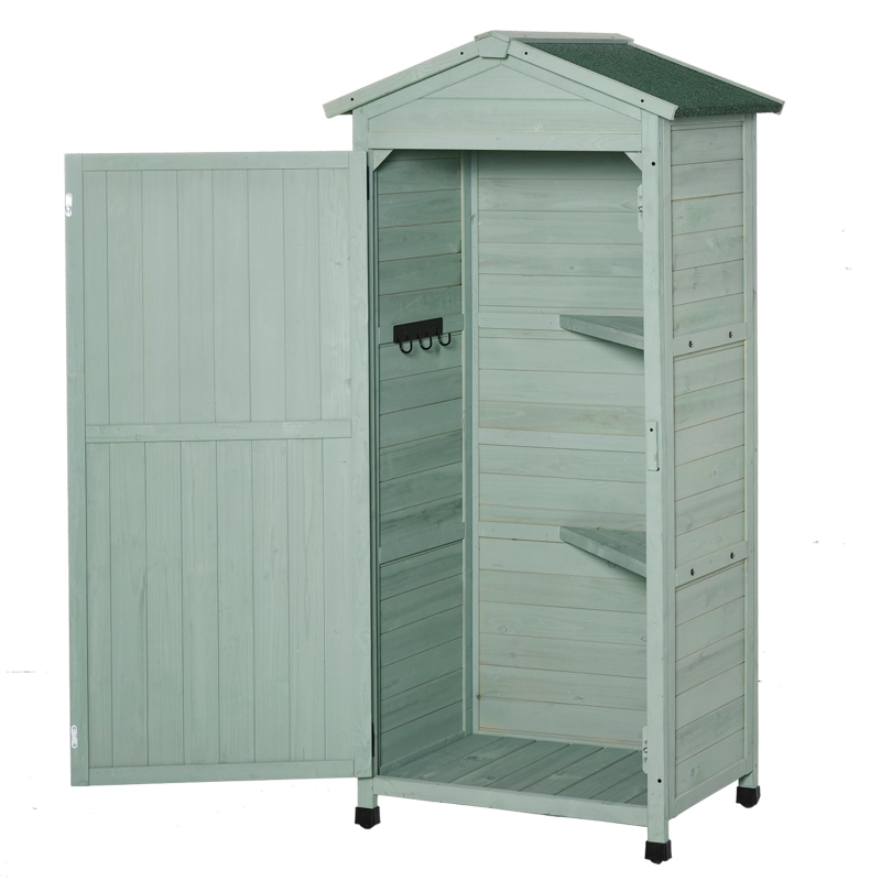 Best Wooden Garden Shed, Outdoor Storage Cabinet with 2 Shelves and Hooks, Locking Organiser Outdoor Narrow Tool House, 74x55x155cm, Green - Image 11