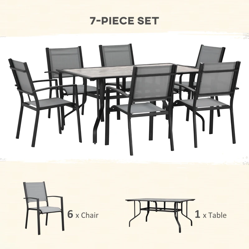 Best 7 Pieces Garden Dining Set, 6 Seater Garden Table and Chairs with Parasol Hole, Outdoor Furniture Armchairs and Stone-like Plastic Top Table with Breathable Mesh Fabric Seat, Grey - Image 4