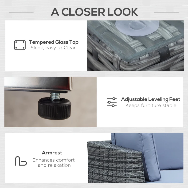 Best 8 Pieces PE Rattan Corner Sofa Set with Thick Cushions, Aluminium Outdoor Rattan Garden Furniture Set with Glass Top Table, No Assembly Required, Grey - Image 7