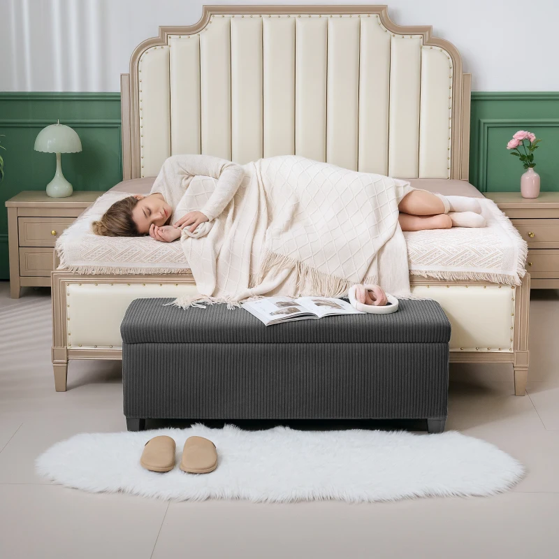 Best Storage Ottoman Bench, Corduroy Footstool with Removable Lid and Legs, 112cm Storage Chest Box for Living Room, Bedroom, Hallway, Grey - Image 8