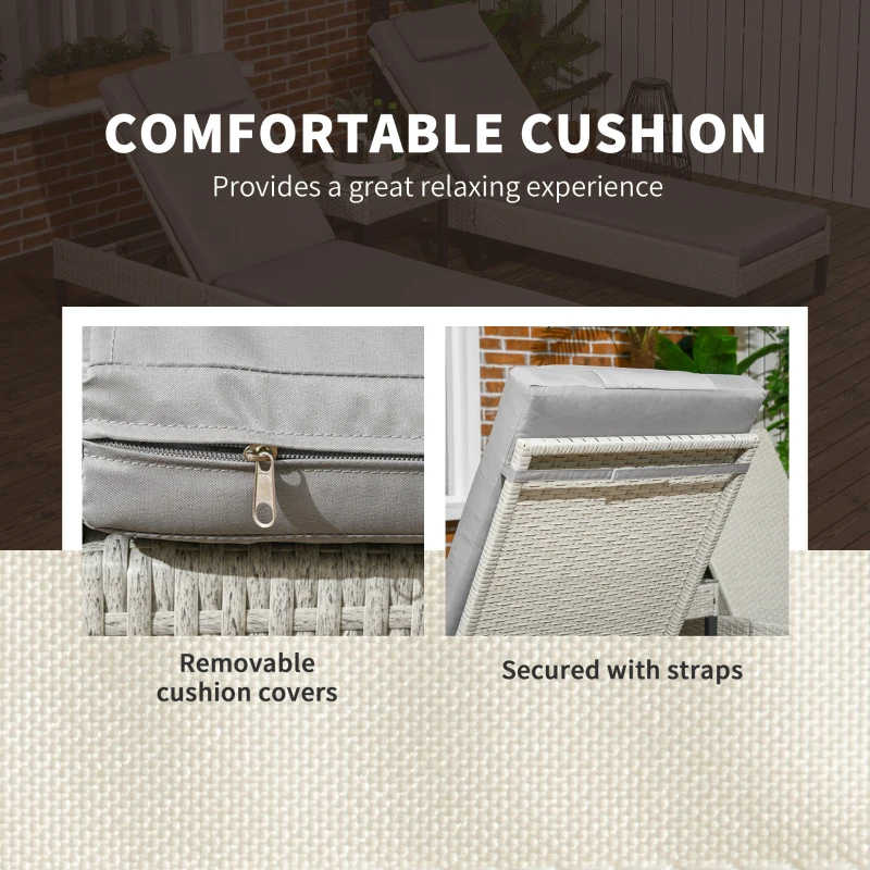 Best 3-piece PE Rattan Sun Lounger Set with Adjustable 5-Position Recliner, Patio Chaise Lounge Chair Set with Cushions, Headrests, Glass Top Square Coffee Table, Light Grey - Image 5