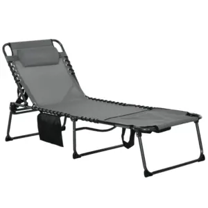 Best Folding Sun Lounge with 5-level Reclining Back, Outdoor Tanning Chair with Reading Hole, Outdoor Sun Lounge with Side Pocket, Headrest, for Beach, Yard, Patio, Grey