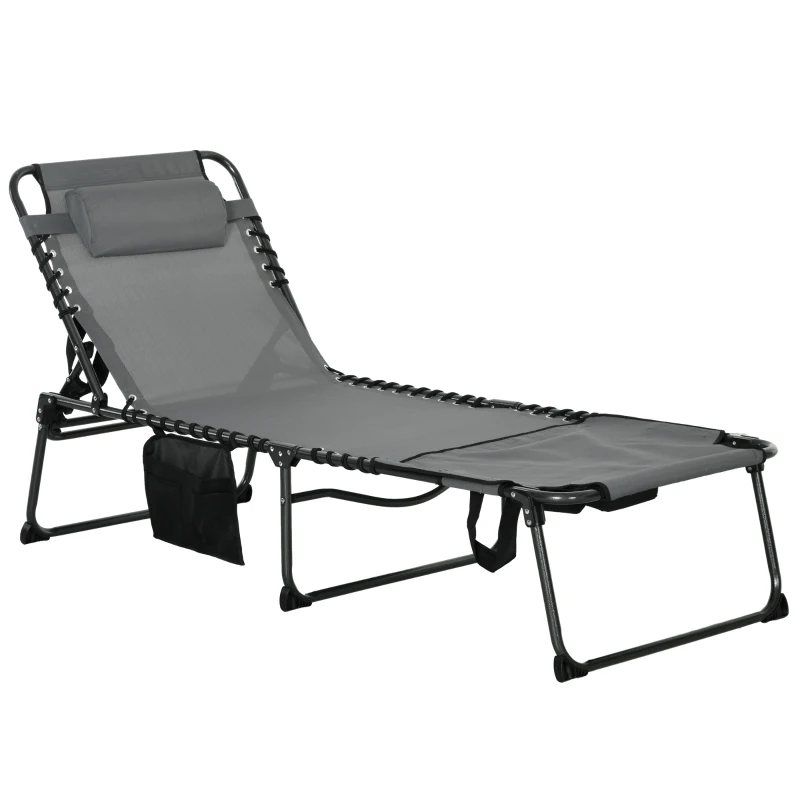Best Folding Sun Lounge with 5-level Reclining Back, Outdoor Tanning Chair with Reading Hole, Outdoor Sun Lounge with Side Pocket, Headrest, for Beach, Yard, Patio, Grey
