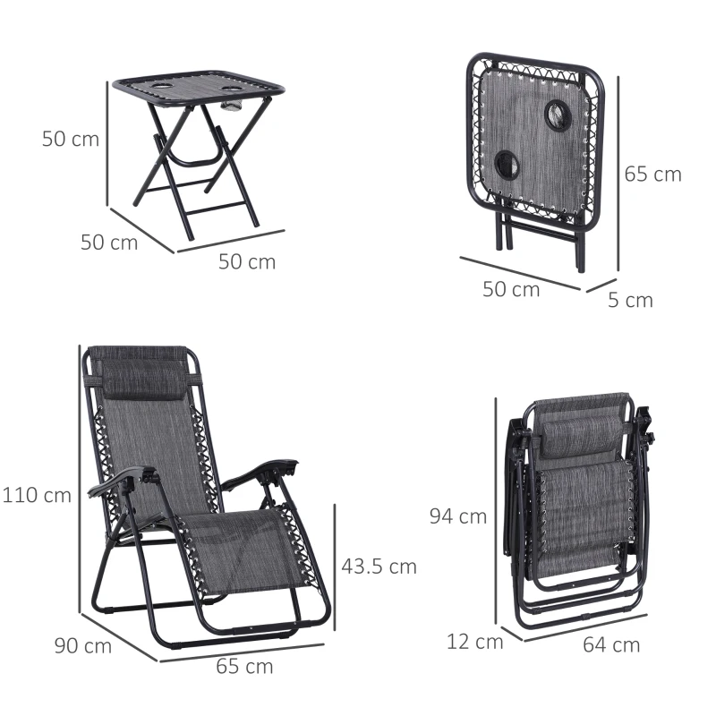 Best 3pcs Folding Zero Gravity Chairs Sun Lounger Table Set w/ Cup Holders Reclining Garden Yard Pool, Light Grey - Image 3