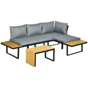Best 3 Pieces Patio Furniture Set, Outdoor Garden Sofa Conversation Set w/ Padded Cushions, Wood Grain Plastic Top Table and Side Panel, Dark Grey