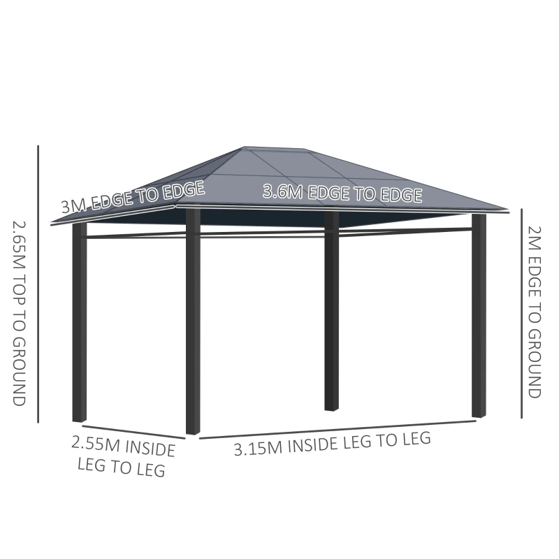 Best 3 x 3.6m Hardtop Gazebo Canopy with Polycarbonate Roof, Permanent Pavilion Garden Gazebo with Curtains for Patio, Deck, Grey - Image 3