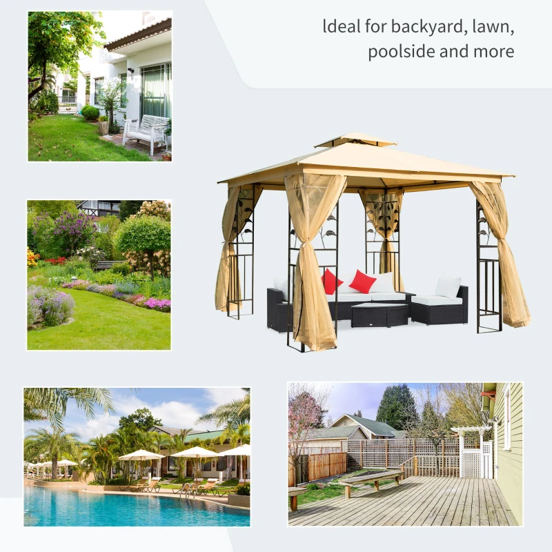Best 3(m) x 3(m) Garden Gazebo, Double Roof Outdoor Gazebo Canopy Shelter with Netting, Solid Steel Frame, for Garden, Lawn and Deck, Beige - Image 7