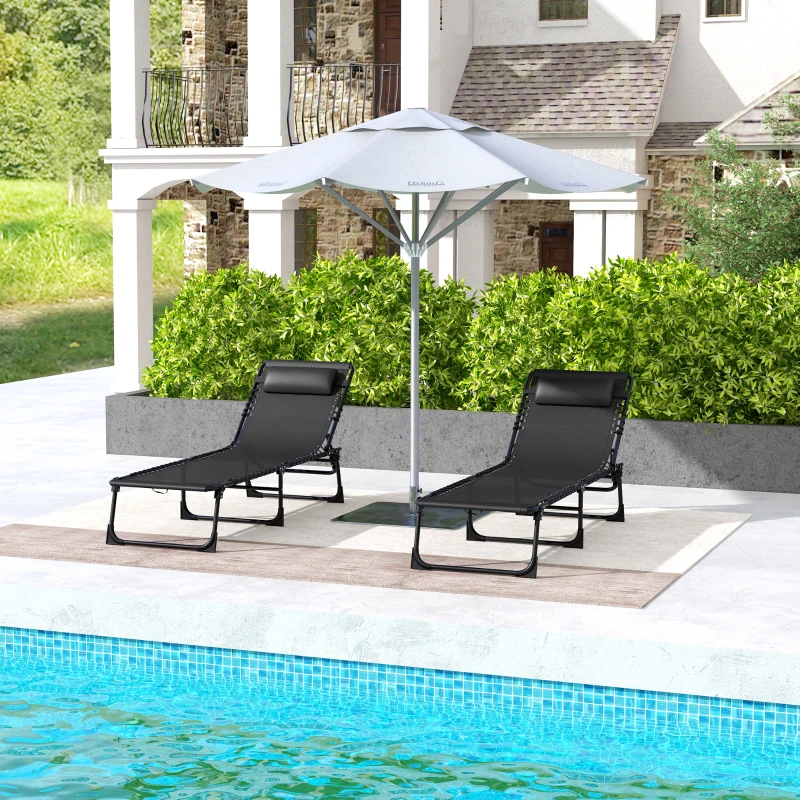Best Set of Two Folding Sun Loungers, with Four-Position Backs - Black - Image 2