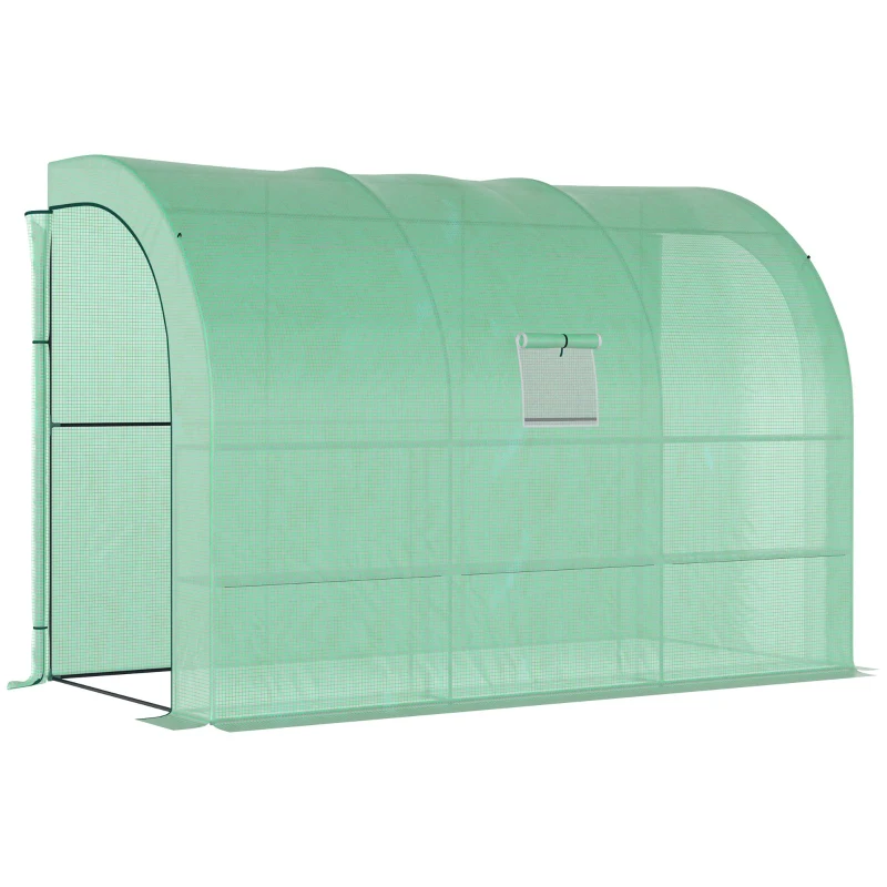 Best Walk-In Lean to Greenhouse with Windows and Zippered Doors, 2 Tiers 6 Wired Shelves 300L x 150W x 213Hcm Green