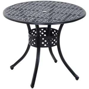 Best 85cm Round Garden Table with Umbrella Hole, Aluminium Grid Motif Outdoor Dining Table for Garden Patio, Black