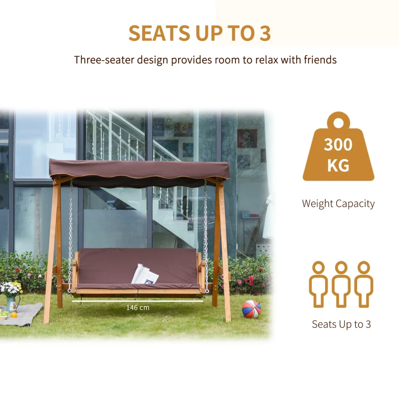 Best 3 Seater Garden Swing Seat Outdoor Swing Chair with Adjustable Canopy, Wooden Hammock Bench with Padded Cushions for Patio Yard, Brown - Image 5