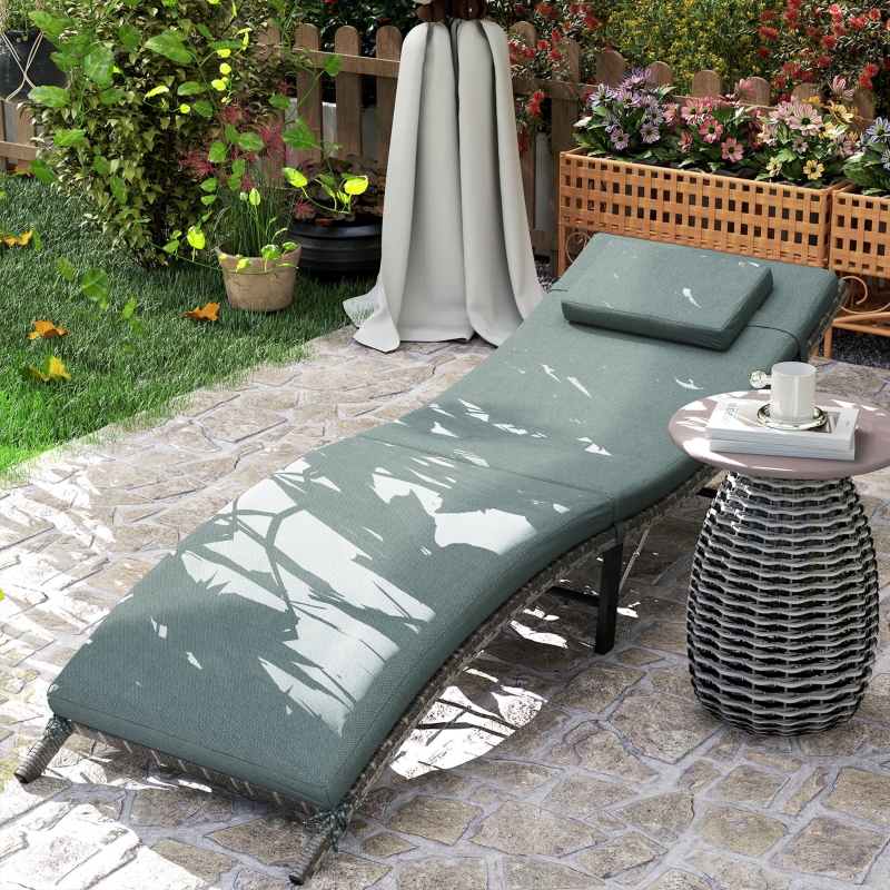 Best Rattan Folding Sun Lounger Outdoor Chair with Cushion and Pillow Mixed Grey - Image 9