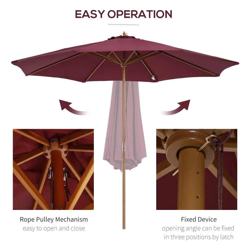 Best 3(m) Garden Parasol, Pulley Operated Patio Umbrella, Wooden Table Market Umbrella with Rope Pulley Mechanism and 8 Ribs, Wine Red - Image 4