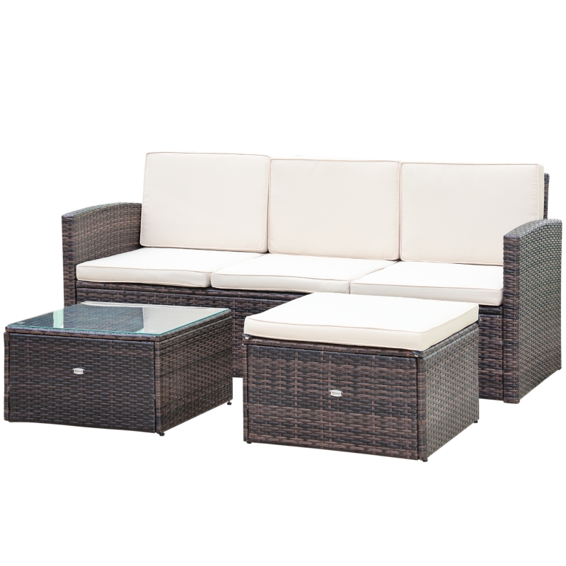 Best 3 Pieces Outdoor PE Rattan Corner Sofa Set with Thick Cushions, Patio Rattan Garden Furniture with Glass Top Coffee Table and Footstool, Brown - Image 11