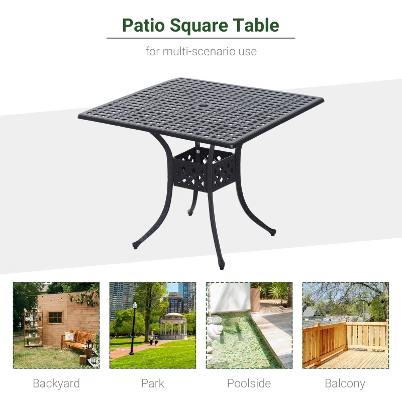 Best 90cm Square Garden Table with Umbrella Hole, Aluminium Grid Motif Outdoor Dining Table for Garden Patio, Black - Image 6